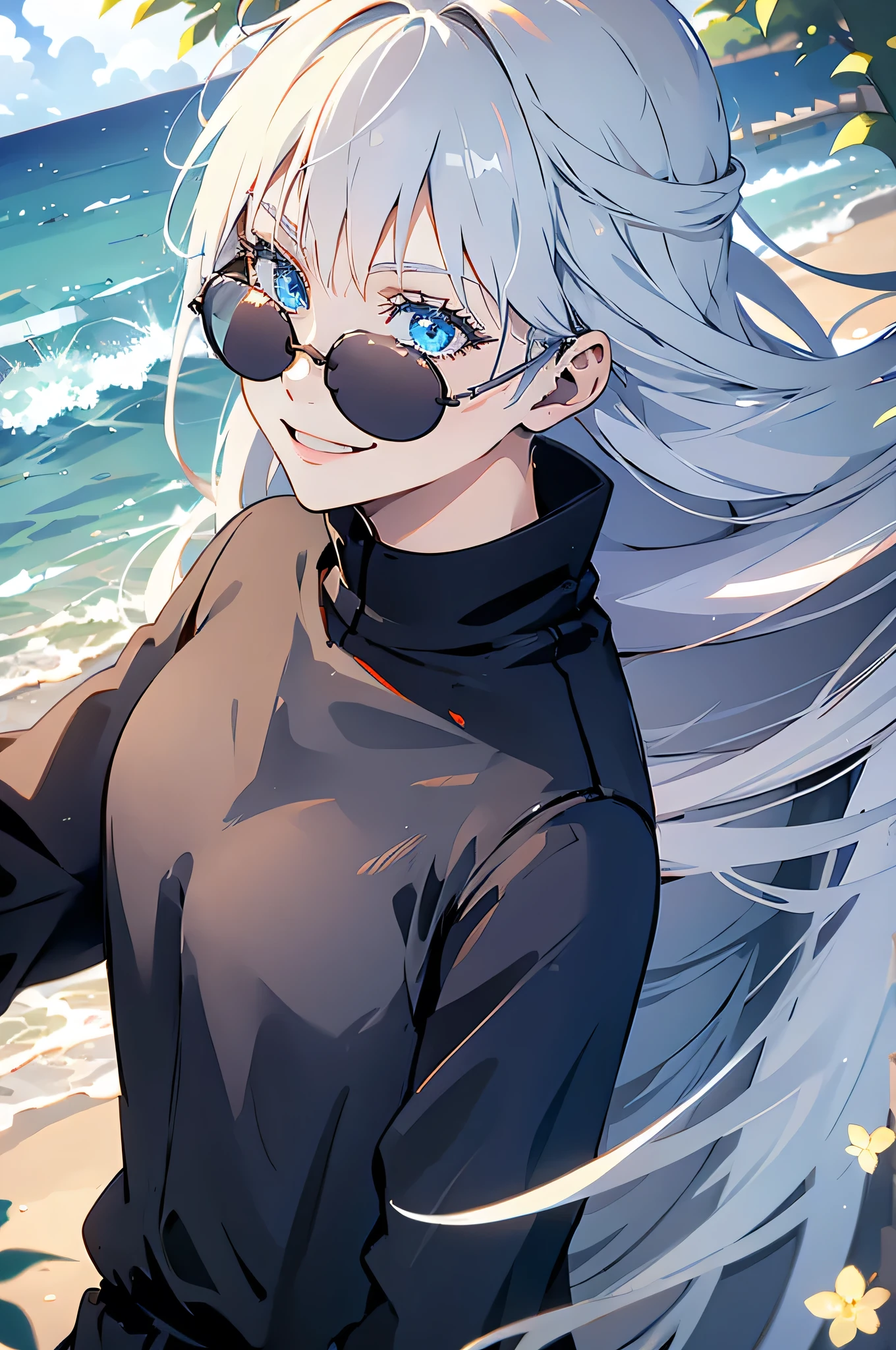 1girl, tall, beautiful, smiling, close up, black round sunglasses, casual outfit, long hair, straight hair, white hair, light blue eyes