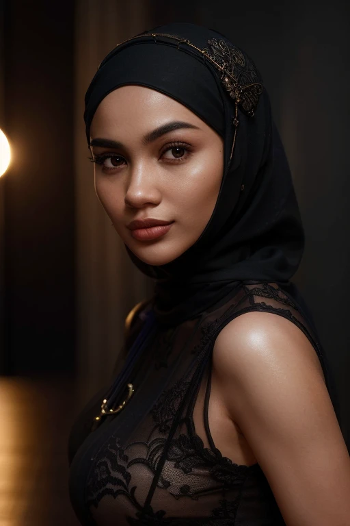 In this photograph, an Indonesian Instagram female model in her mid-20s takes center stage. , (highly detailed face:1.4) (smile:0.7) (backround 5 star hotel , moody, private study:1.OV, by lee jeffries, nikon d850, film stock photograph ,4 kodak portra 400 ,camera f1.6 lens ,rich colors ,hyper realistic ,lifelike texture, dramatic lighting , cinestill 800, realistic, wearing Black brocade lingerie, she wears a luxury brocade hijab, ((hijab)), actress, karla ortiz, posing!!, candid picture, by Max Dauthendey,Completing the aesthetic, the model show her breast. ((big breast:1.3)), yo can see the nipple visible,The photograph is meticulously captured in 8K resolution using cutting-edge techniques such as Cinema 4D and Octane Render, resulting in a highly detailed and photorealistic image. Studio lighting, HDR, and a smoky mist create a captivating ambiance, while the bokeh effect adds an artistic touch, put details on fingers