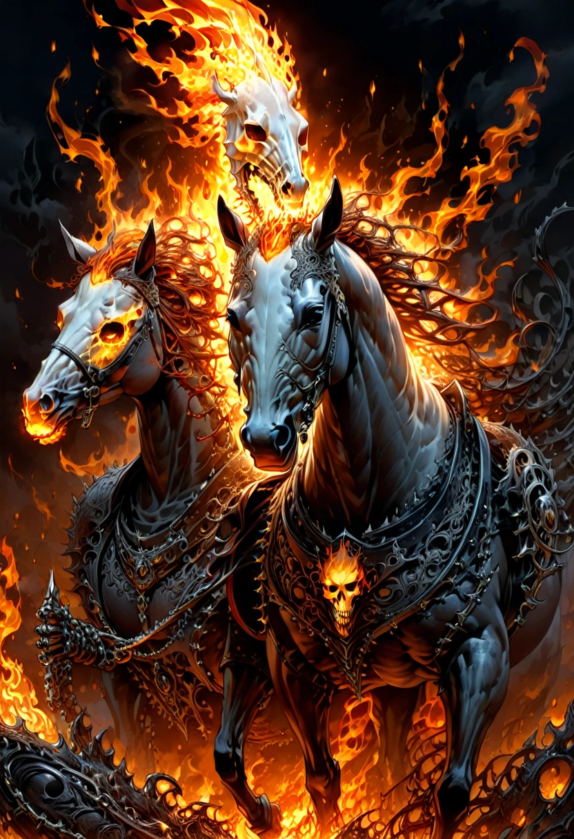 Ghost Rider, fire on head, horse, (masterpiece, best quality, Professional, perfect composition, very aesthetic, absurdres, ultra-detailed, intricate details:1.3)