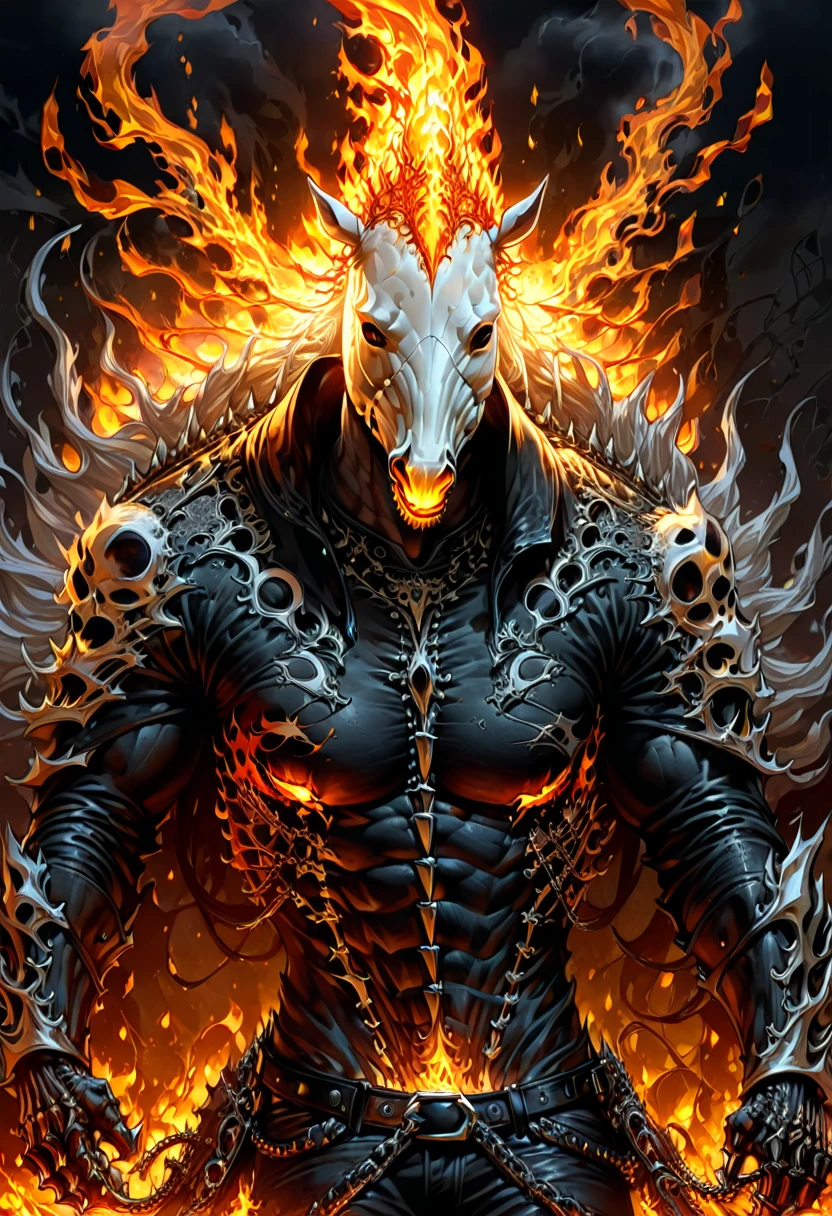 Ghost Rider, fire on head, horse, (masterpiece, best quality, Professional, perfect composition, very aesthetic, absurdres, ultra-detailed, intricate details:1.3)