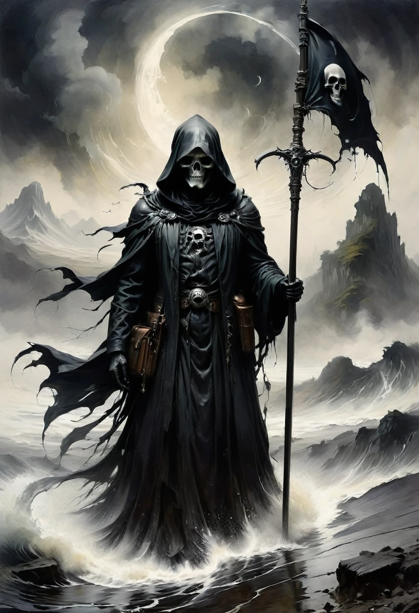 Black Grim Reaper, by Norman Ackroyd, best quality, masterpiece, very aesthetic, perfect composition, intricate details, ultra-detailed