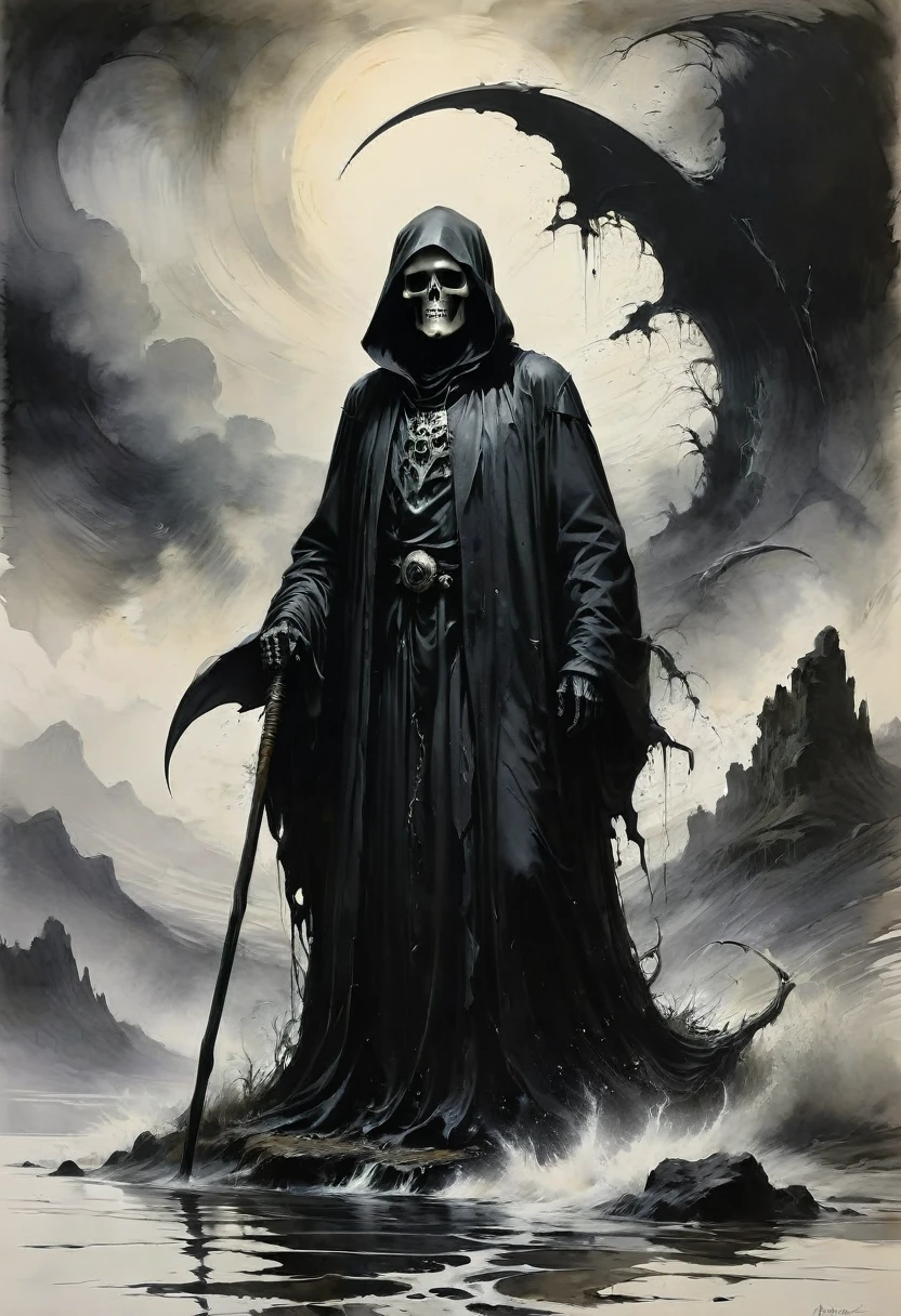 Black Grim Reaper, by Norman Ackroyd, best quality, masterpiece, very aesthetic, perfect composition, intricate details, ultra-detailed