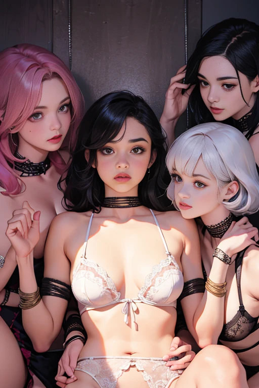 Masterpiece, dynamic shot, ((Multiple females)), bound queen surrounded by her maids, maids harassing queen, maids dominating queen, fingering her, bound, bondage, tied, shibari, bondage, femles, slaves, beautiful lingerie underwear , scared, lewd, basement, glossy, colour explosion, cold light, high contrast light, low lighting, highly detailed, closeup