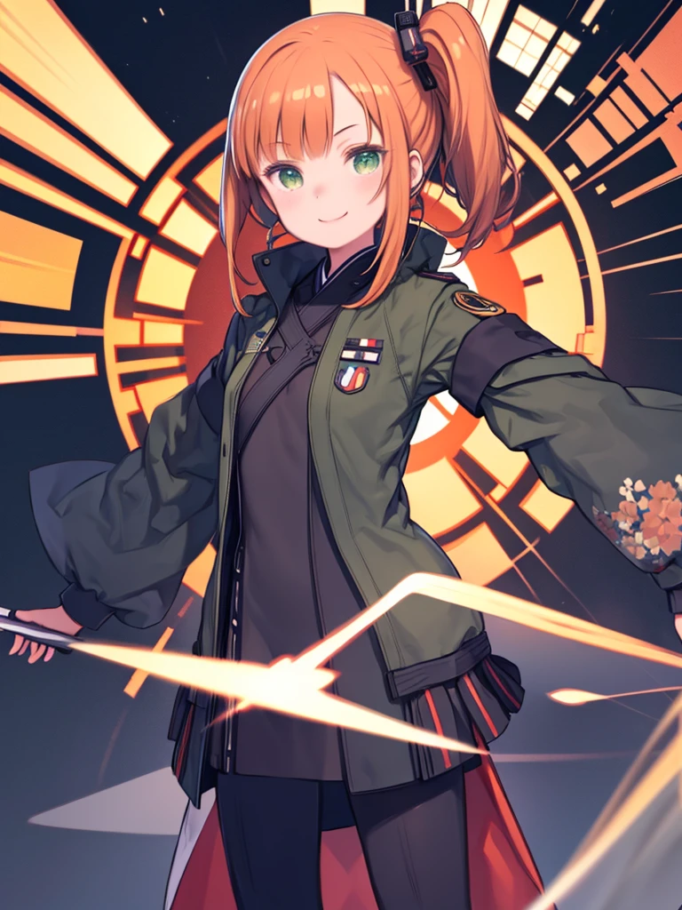 Future World,人工知能のperfectionな例,5143 and later, 8k, Very detailed , perfection，Ultra detailed face，16-year-old girl，eight-headed body， Orange Hair、large round green eyes、Side Ponytail、，Bit Girl，Futuristic Background，During night combat，smile，Dress Type，wear a khaki military jacket,Japan representative jacket、With flag patch、matrix、blade