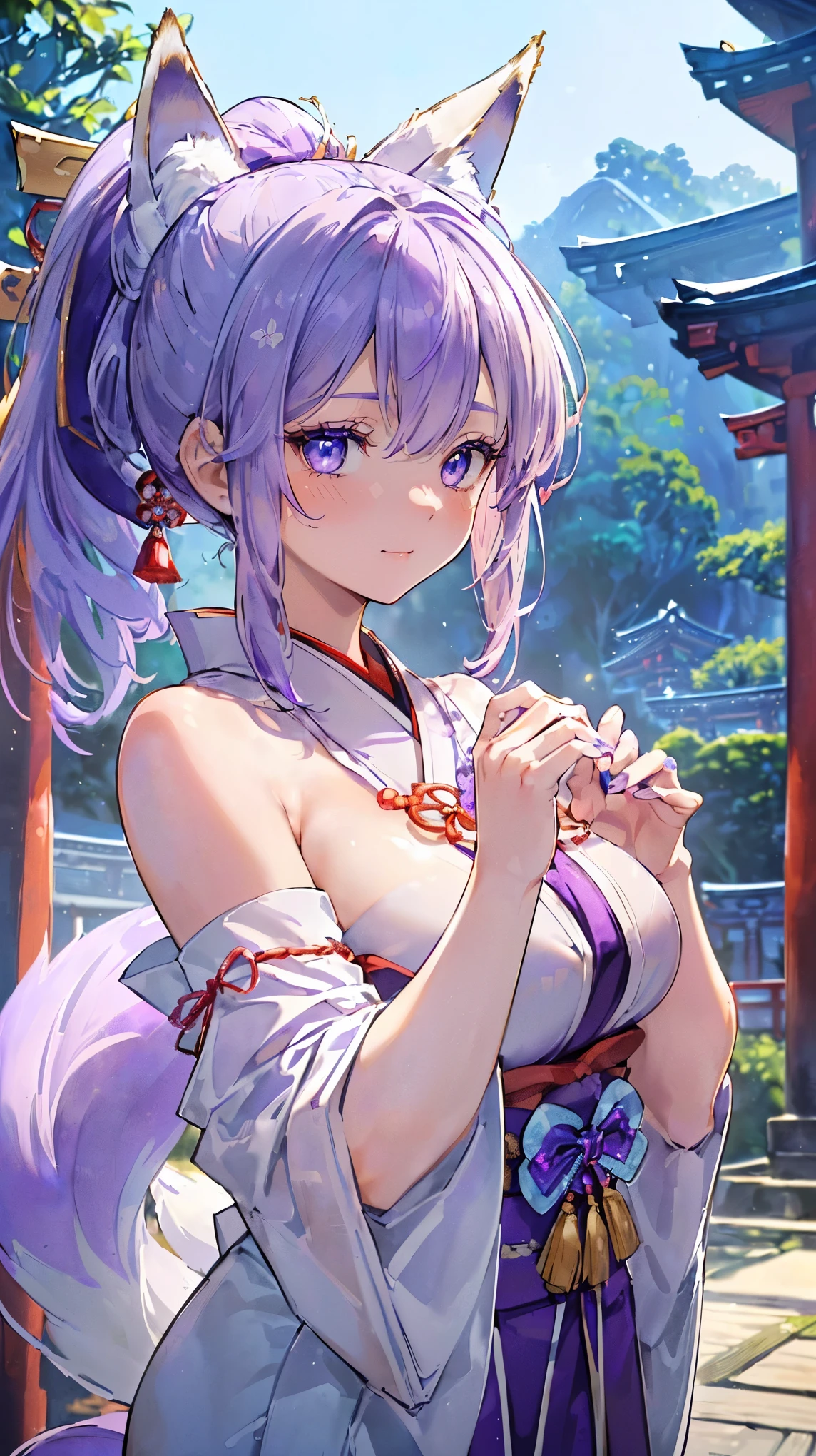 (((Masterpiece))), (((Highest quality))), ((Ultra-detailed)), ((Super fine illustration)), ((Ultra-fine painting)), (16K highest quality wallpaper:1.4), (Upper body:1.6), HDR, (Highly detailed and delicate illustration style:1.8), Detailed skin texture, Detailed cloth texture, Extreme detailed description, (T-masterpiece), (Highly detailed face:1.2), (Highly detailed Purple fox ears:1.2), (Highly detailed shiny Purple ponytail:1.2), (Highly detailed beautiful eyes:1.2), Original, RAW photo, Professional, Intricate details, Super details, Direct light:1.6, (Perfect anatomy:1.4), (Highly detailed hands:1.2), (Highly detailed fingers:1.2), (Highly detailed fingertips:1.2), (27-years-old), Real, (Solo:1.6), ((A very beautiful and attractive Purple fox model who is a messenger of God and a traditional Japanese sacred shrine maiden:1.4))
BRAKE
(Beautiful and adorable Purple fox ears:1.6), (Highly detailed and delicate Purple fox ears:1.2), (Beautiful and well-shaped big breasts:1.2), (Beautiful and well-shaped buttocks), (Beautiful and shiny Purple ponytail:1.6), (Highly detailed and delicate Purple ponytail:1.2), (Beautiful clear blue eyes that shine with great detail:1.6), (Highly detailed and delicate blue eyes:1.2), (Highly detailed face:1.4), (Smile:1.3), (Blush:1.2), (Looking at viewer:1.4), (Celebration:1.4)
BRAKE
((Brightly White and Purple colored) and divine traditional shrine maiden costumes at Japanese shrines:1.4), (Japanese divine traditional costume:1.2)
BRAKE
(Highly detailed and beautiful Ise Grand Shrine in Mie Prefecture just after noon in spring in the background:1.6), (Celebration:1.4), Ise Grand Shrine:1.2, Highly beautiful in the sunny sky background just after noon:1.2
BRAKE