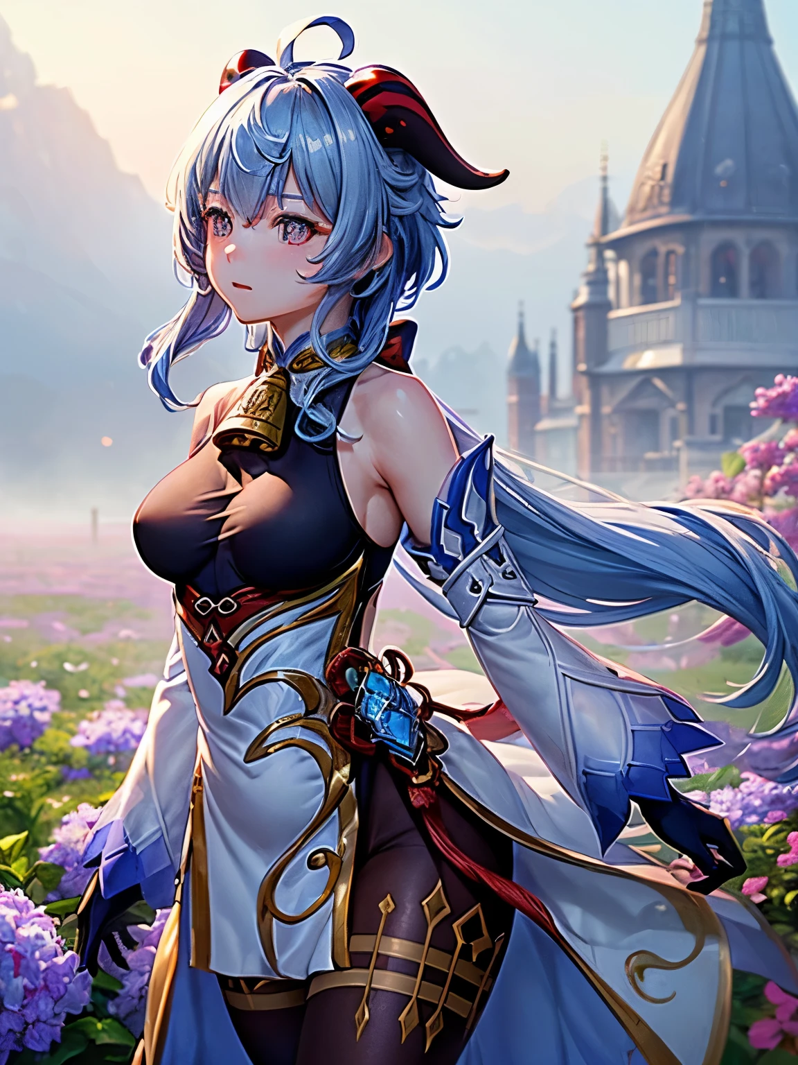 [ganyudef]:1.5,((masterpiece,highest quality,Detailed images,Beautiful images))1.4(ganyu images、Serious expression、church、Flower Field、The wind is blowing、Bright lighting overall、Backlight、A fantastic atmosphere、Thick Fog)1.1(Beautiful body lines、small beauty breasts、Beautiful side breasts)
