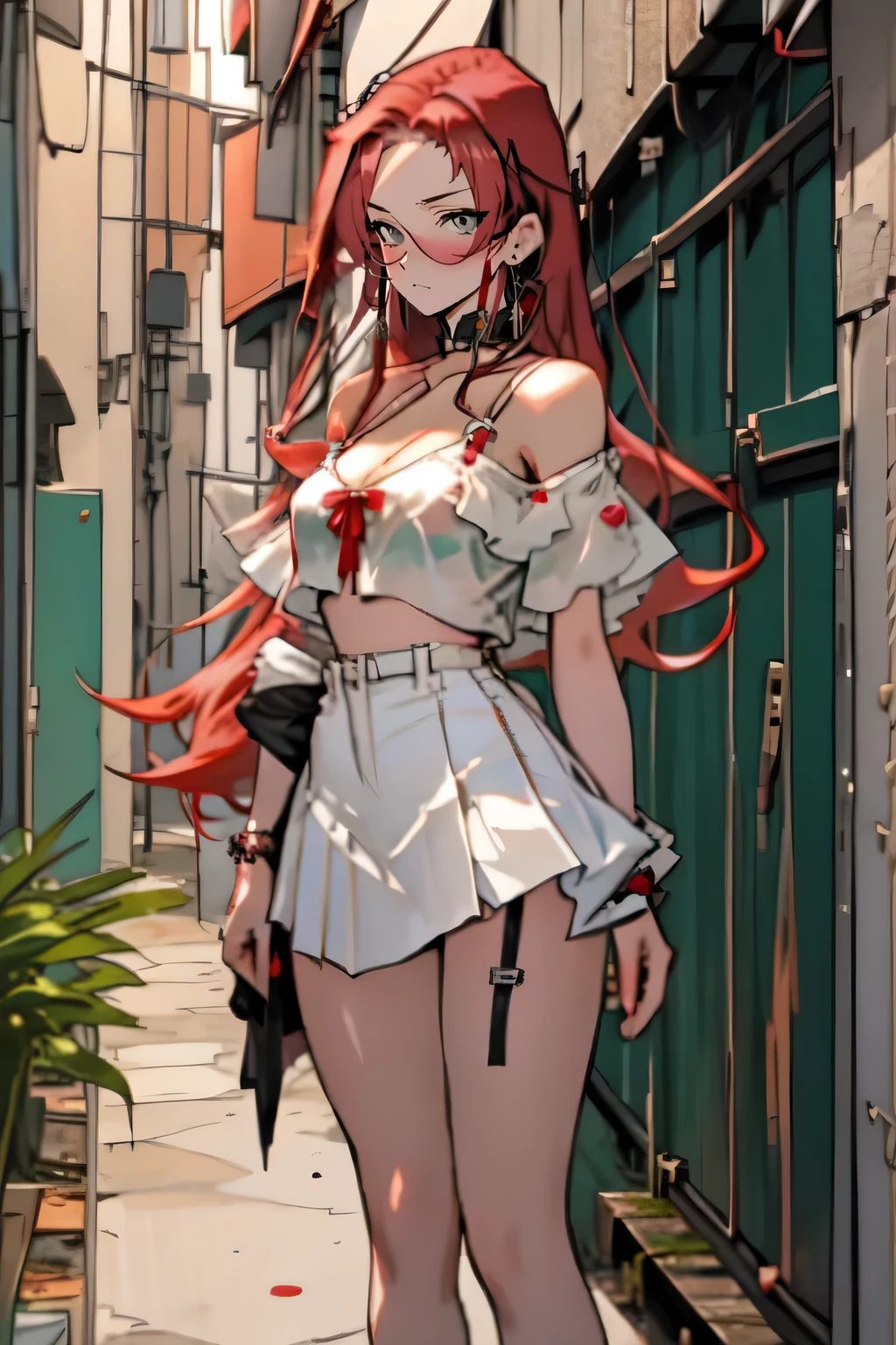 1girl, anime, long hair, red hair, green eyes, tight blouse, spaghetti strap, choker, large breasts, cleavage, partially open shirt, mini skirt, pleated skirt, beauty mark, slim waist, glasses, standing, thighhigh socks, outdoors, night, back alley, best quality, thick thighs,
