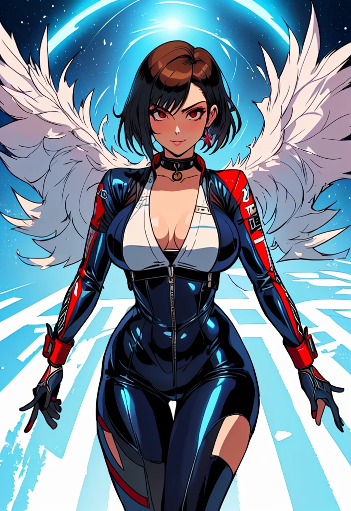 (a cartoon picture of a solo woman in a blue latex suit inspired by: nico robin, tifa lockhart, marin kitagawa fanart, hinata hyuga, mayuri shiina, character from king of fighters, drawn like the anime speed racer), seductive anime girl, thicc, biomechanical oppai, on a racetrack, oppai, wearing tight suit, cyberpunk racetrack, (illustration inpired by : f zero, redline, wipeout, speed racer and king of fighters)