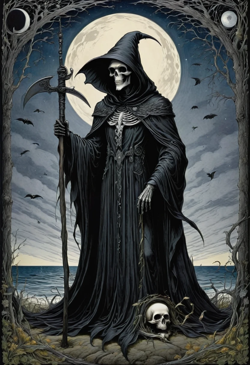 Black Grim Reaper, by Edward Gorey, best quality, masterpiece, very aesthetic, perfect composition, intricate details, ultra-detailed