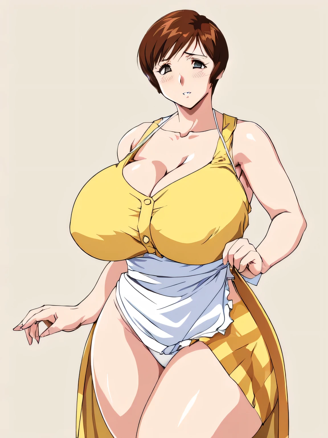 masterpiece, highest quality, High resolution, One girl, alone, alone, short hair, etsukoto, Fine grain, Fine grain, (((Thick thighs, Plump thighs, Voluptuous thighs, Enough thighs))), Big and ample breasts, Cleavage, Huge long breasts, Naughty big,((Big breasts are important))、((Naughty thighs)), L Cup, (thin:1.4),(Narrow waist:1.4),  (Perfect beautiful yellow dress:1.4), ((white waist apron)), Embarrassed look, white panties, (((Simple Background))), ((Wide Hips)), Shiny, oily skin, Mature mother, Calf, Seductive mature woman, Perfect body, Plus Size Model, etsukoto, blush, clavicle, retro artstyle, 1990s (style), ((bare legs, showing panties)), [from side],