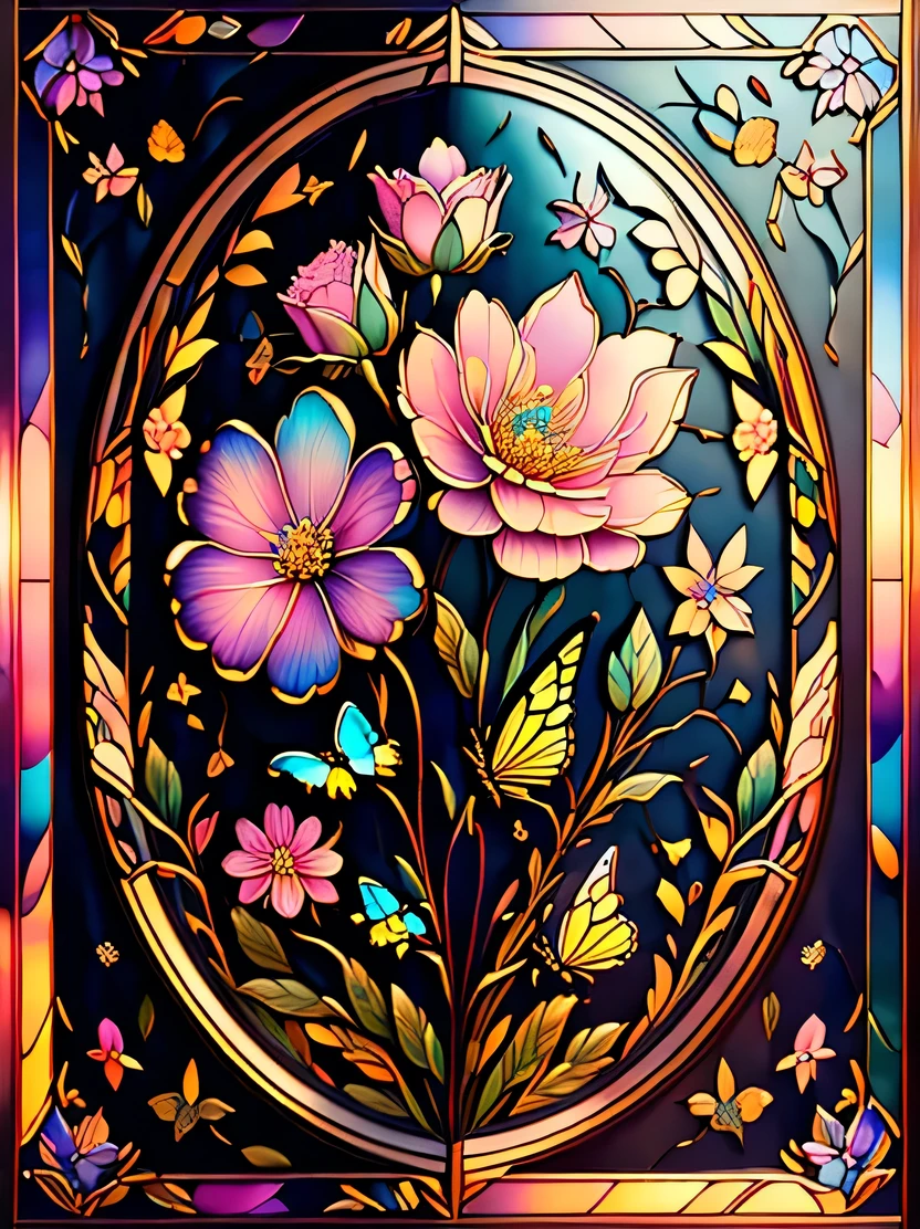 ((masterpiece、highest quality、Very detailed、High resolution、Photorealistic、Sharp focus、Cinema Lighting))、((There is no one))、Low Saturation、Rainbow-colored、Flowers and butterflies、black、Complex Texture、pastel colour、Highly detailed modeling、Decorative style、 st41nedg