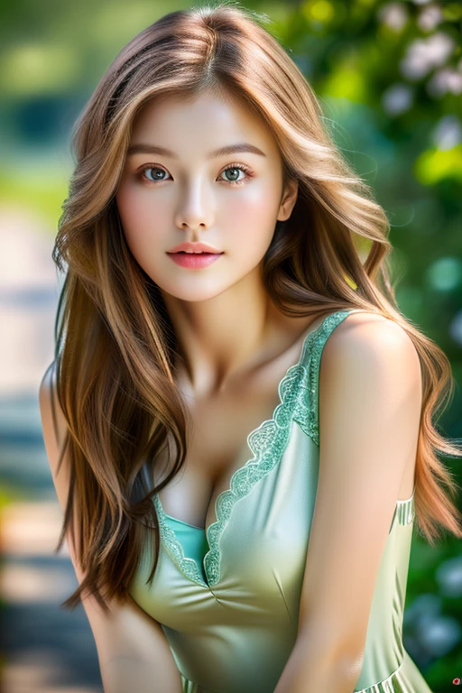 ((highest quality)), ((masterpiece)), (detailed), whole body、wallpaper、Leaning forward、Perfect Face、Perfect body、Light brown hair、Beautiful Skin、A beautiful half Korean and half Russian girl、(masterpiece:1.3), (8k, Photorealistic, Raw photo, Best image quality: 1.4), (Rough long hairstyle:1.2)、Cleavage:1.2、Wearing a see-through dress