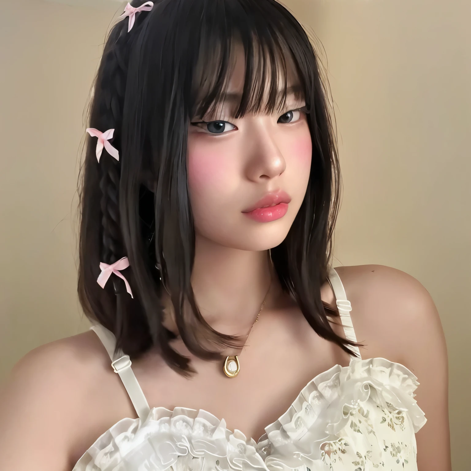 There's a woman with a pink flower in her hair, retrato realista kawaii, penteado com corte hime branco, penteado kawaii, neat hair Com franja, o corte Hime, corte de cabelo preto hime, penteado twintails, Shikamimi, Com franja, braids hairstyle, estilo de cabelo kawaii, chiho, Ulzzang, Sakimi-chan, franja fofa