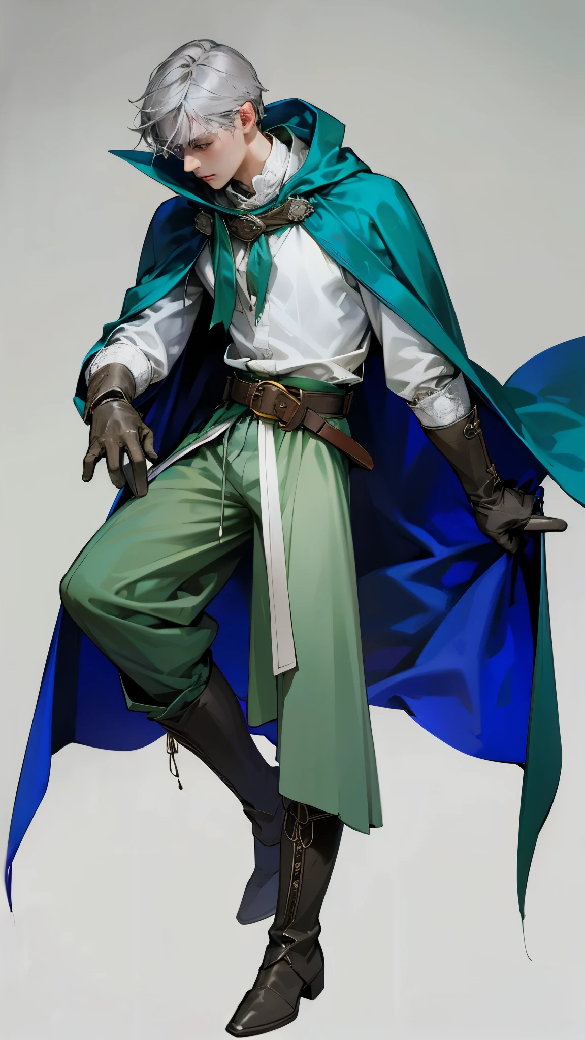 (good quality,realistic),young man,wizard,blue hood and cape,gray hair,gray eyes,white shirt,green shorts,boots,gloves,belt,