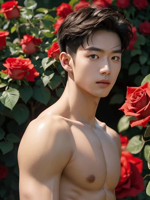 a naked man,Rose garden at daytime、Red Rose、Lots of roses in the background、Glowing Skin、Completely naked、Show your side、Hairstyle with the forehead out、Short Hair、 shirtless , realistic handsome Korean face , modest muscles , masterpiece、A high resolution、hyperrealism、detailed face、solo、a men、glowing skin、(Asian)、(young、teenager)、Handsome、detailed background