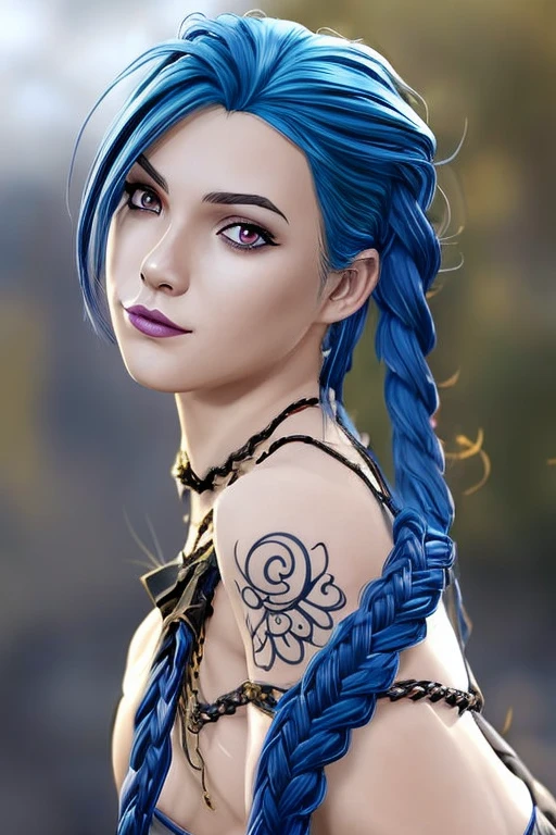 high quality, jinkesi_quan,jinkesi_lian,1 girl,with simple background,( Long side part bangs),blue hair, tattoos, (pink eyes), (double braids), ((long braids)) ((raised eyebrows)) looking at audience
(black frilly tie), white collared shirt, black suit. 
Necklace, Portrait, Shiny, (Original)
, (masterpiece), (illustration), (extremely fine and beautiful), perfect detail, realistic, (nice clear background: 1.25), (depth of field: 0.7), (beautiful face), casual, .