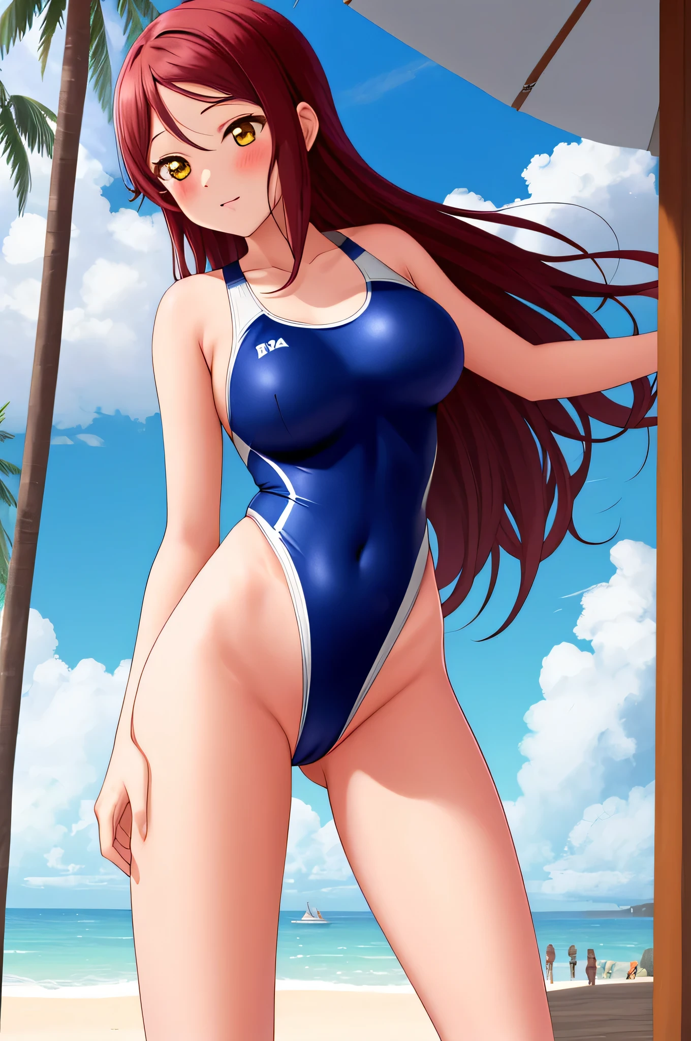 Masterpiece,best quality,Solo, cowboy shot,Sakurauchi riko, long hair, blush,love scene, leotard swimsuit, breasts, high-leg,thicc crotch, front wedgie,day,beach in background