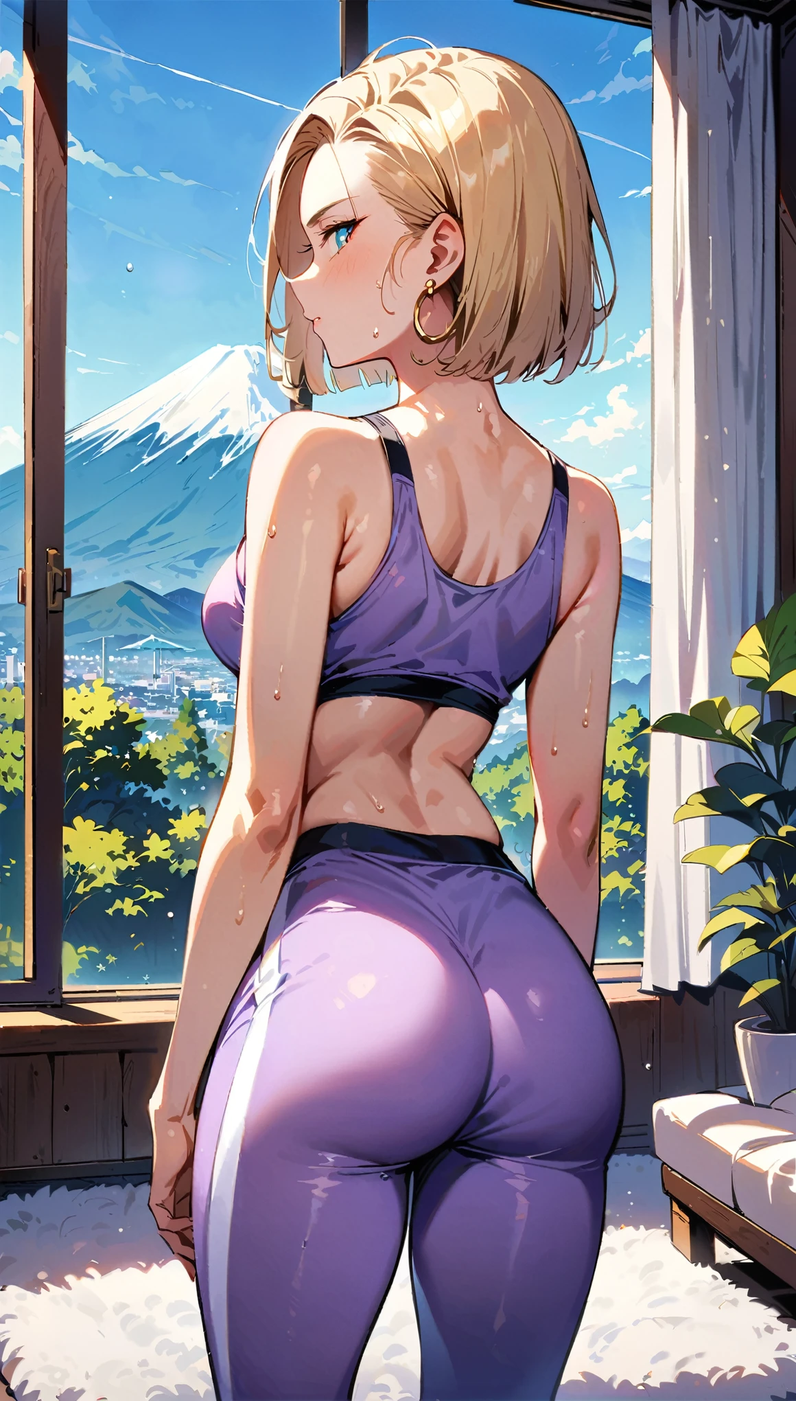 (masterpiece, best quality:1.2), rear view shot, Android 18 from Dragon Ball, standing, (looking over her shoulder to face the camera behind her), (purple training wear), (pale light purple sports bra and leggings), purple training shoes, short blonde hair, her sweaty forehead, blue eyes, earrings on earlobes, sweating, (slender feminine figure), slim thighs visible from behind, small buttocks visible from behind, soft gentle expression, modern feminine room, white decor, white plush rug, potted plants, daylight streaming, large windows, Mount Fuji, morning, 4K