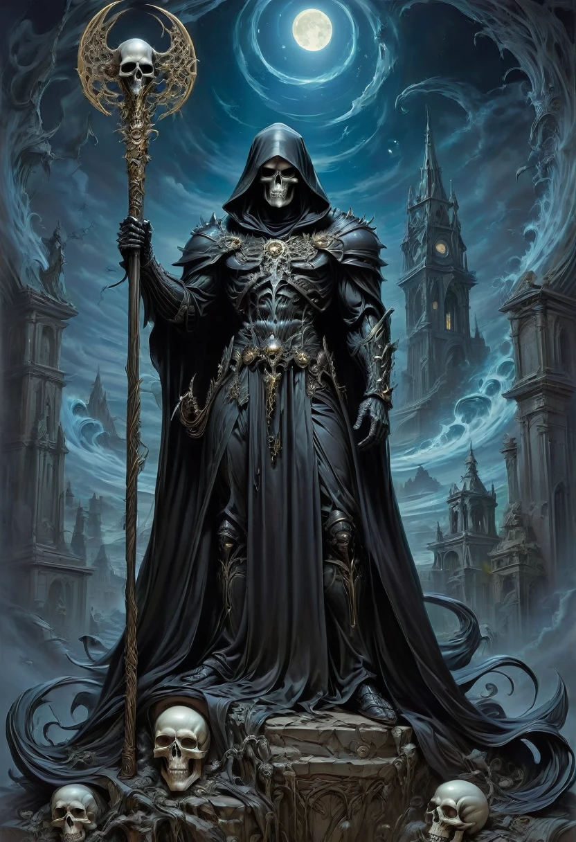 Black Grim Reaper, by Bart Sears, best quality, masterpiece, very aesthetic, perfect composition, intricate details, ultra-detailed