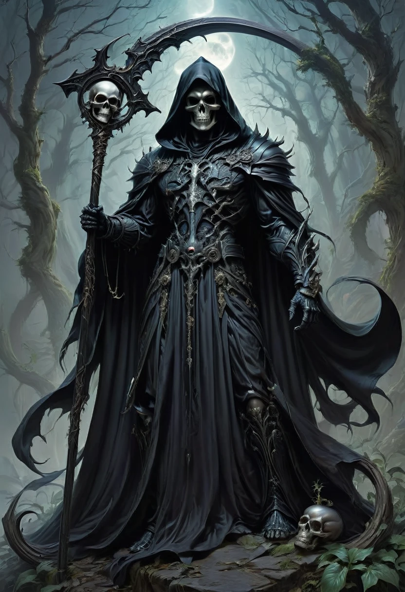 Black Grim Reaper, by Bart Sears, best quality, masterpiece, very aesthetic, perfect composition, intricate details, ultra-detailed