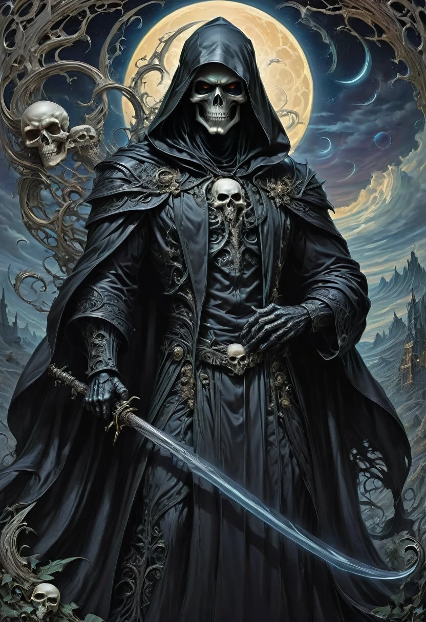 Black Grim Reaper, by Bart Sears, best quality, masterpiece, very aesthetic, perfect composition, intricate details, ultra-detailed