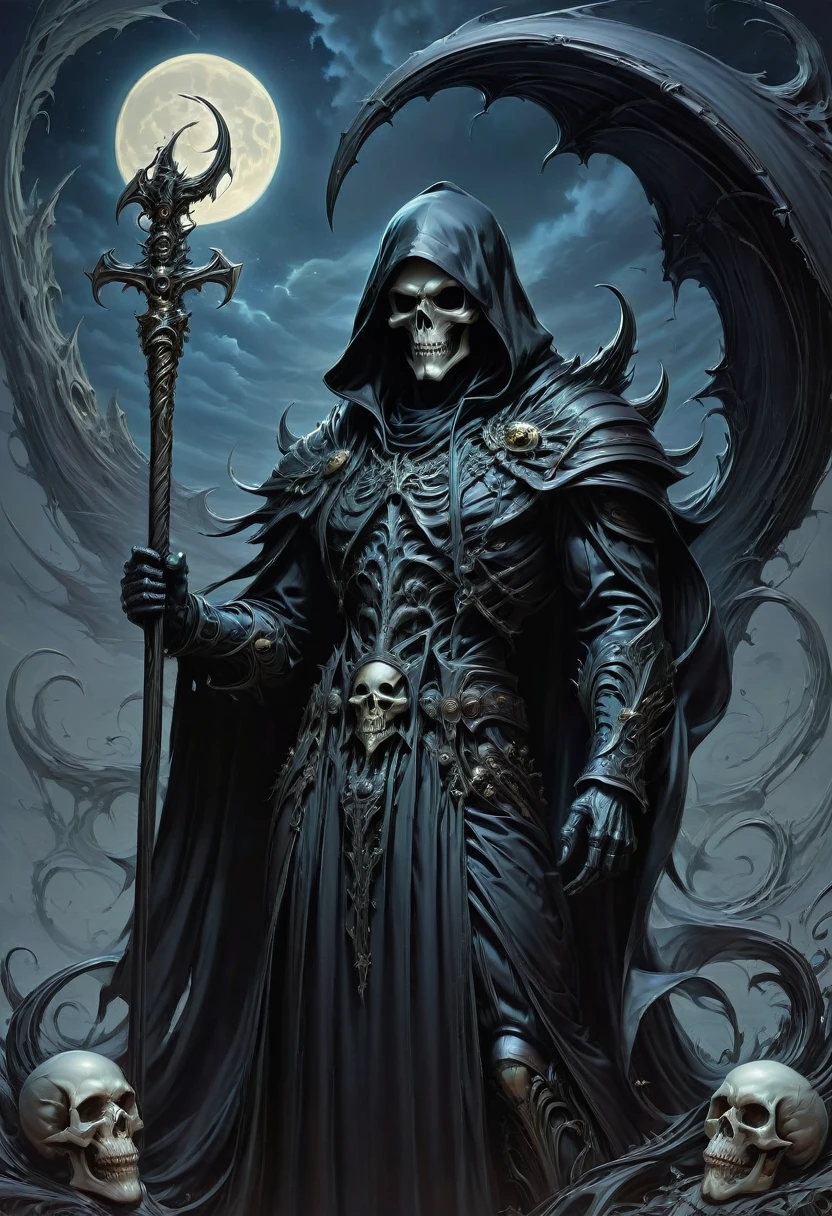Black Grim Reaper, by Bart Sears, best quality, masterpiece, very aesthetic, perfect composition, intricate details, ultra-detailed