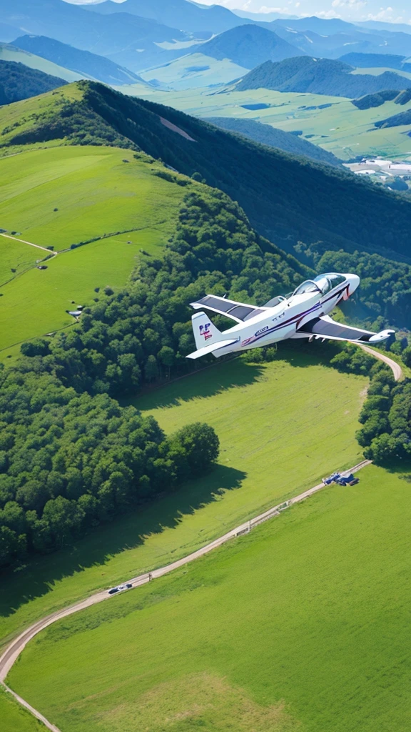 A boy flying in a single-seater plane,,A house deep in the mountains,grassland,Precision,high resolution,Real,Aerial view