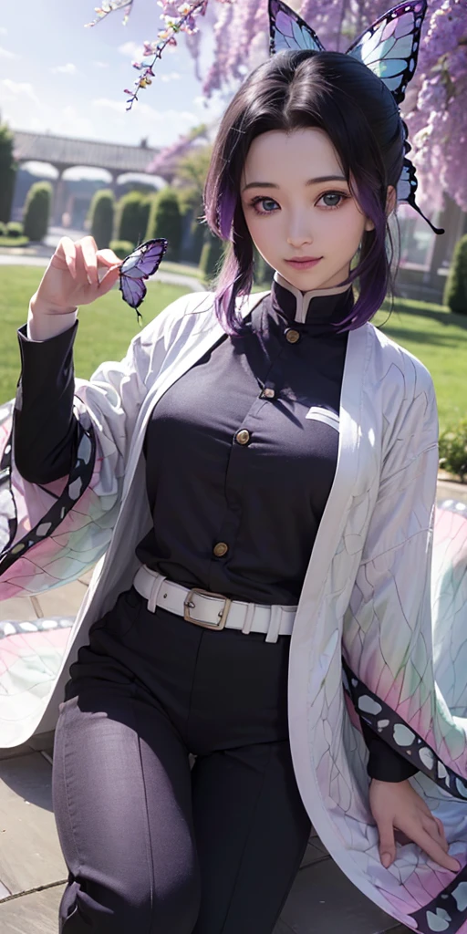 Ultra-realistic 8k CG,masterpiece,((ultra-detailed background, delicate pattern, intricate details)),best quality,very detailed face,extremely detailed eyes and face,extremely detailed eyes,kochou shinobu,multicolored hair,no bangs,hair intakes,purple eyes,forehead,black shirt,black pants,haori,butterfly,buttons,belt,(Garden:1.2),purple flower,chibi,cloudy sky,sunlight,Tindal effect,gradient_sky,face,Gorgeous sky,Waist Sabre,Charming posture,