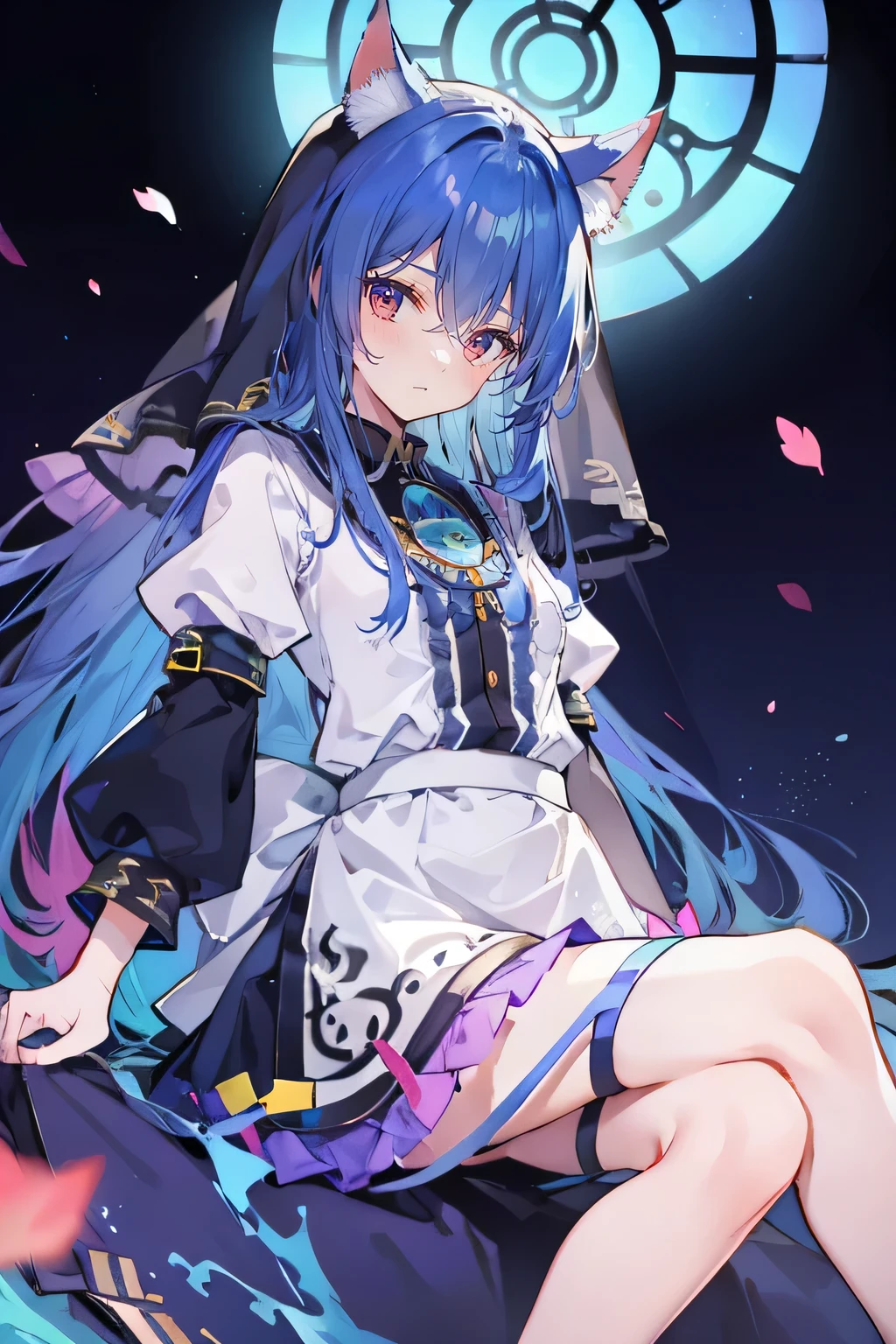 (masterpiece:1.2),Extremely detailed,Practical,expressive eyes,Fair skin,Perfect face shaping,1 Girl,
Japanese cartoons,Gorgeous blue hair, the long flowing blue hair,Floating clothes,Cat ears,Petals fall,beautiful lola,Young Angel,
Place your hands on your waist,sit elegantly on the ground,Cross your legs,Gentle and peaceful background,stately church,nun.