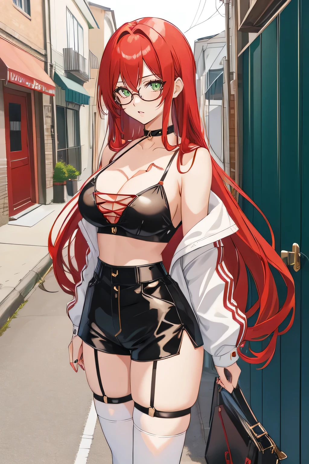 1girl, anime, long hair, red hair, green eyes, tight blouse, spaghetti strap, choker, large breasts, cleavage, partially open shirt, spandex shorts, beauty mark, slim waist, glasses, standing, thighhigh socks, outdoors, night, back alley, best quality, thick thighs, 