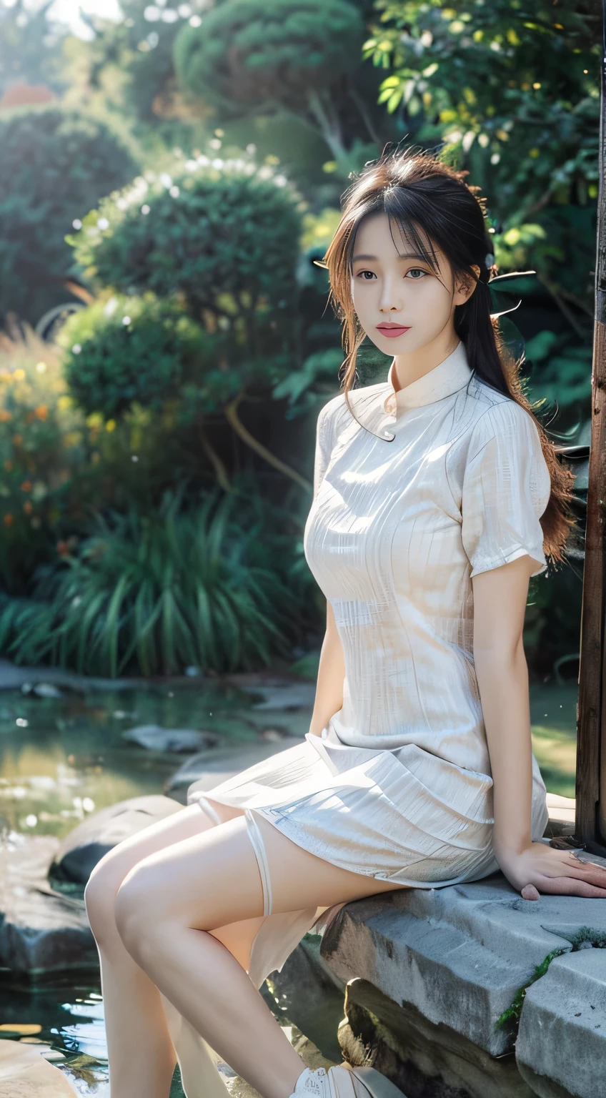 （best quality， masterpiece， high resolution， glow，real person， Flood， lens flare， wide angle）， rays oF sunshine， Full bodyesbian， 1 [Chino|Russian|Japanese|South Korea]girl， solo，（Mei Hong：1.1） ((ta costume）)， necklace， jewelry， Long white hair， ear nipple ring， Super delicate Face， beauitFul Face， perFect hand， Full Face blush， （perFect eyes） ，（ long eyelashes： 1.4）， glowing pupils， （white： 0.9）， endless realism， （High detail skin： 1.2）， 8K, ultra high definition， digital SLR camera， high quality， Volumetric lighting， frank， high resolution， 4K， 8K， in background bokeh， a Fantasy Forest， Feather drop eFFect， morning， Foreground， F/16 full body photos with long legs and white stockings

