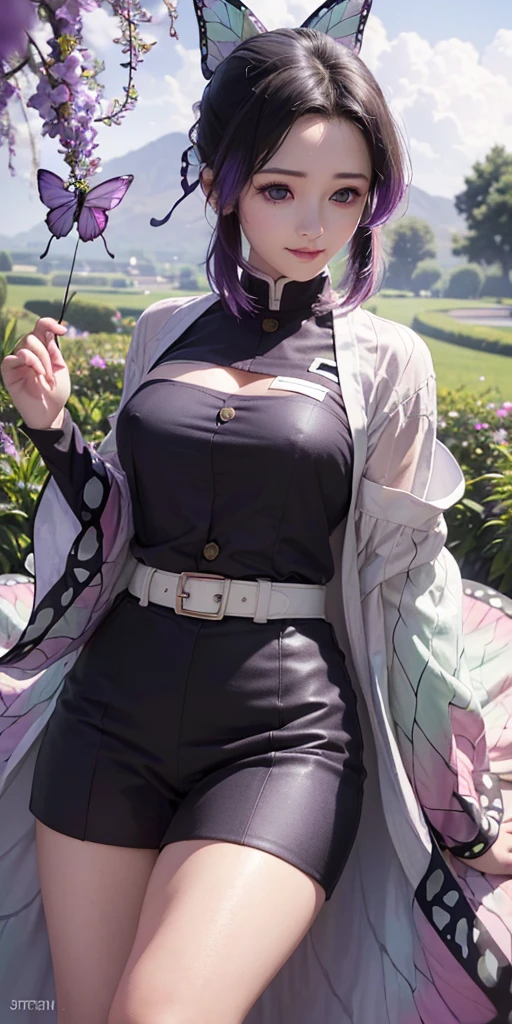 Ultra-realistic 8k CG,masterpiece,((ultra-detailed background, delicate pattern, intricate details)),best quality,very detailed face,extremely detailed eyes and face,extremely detailed eyes,kochou shinobu,multicolored hair,hair intakes,purple eyes,forehead,black shirt,black pants,haori,butterfly,buttons,belt,(Garden:1.2),purple flower,chibi,cloudy sky,sunlight,Tindal effect,gradient_sky,face,Gorgeous sky,Waist Sabre,Charming posture,