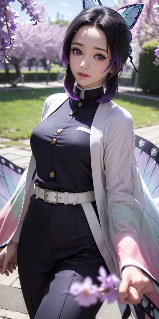 Ultra-realistic 8k CG,masterpiece,((ultra-detailed background, delicate pattern, intricate details)),best quality,very detailed face,extremely detailed eyes and face,extremely detailed eyes,kochou shinobu,multicolored hair,hair intakes,purple eyes,forehead,black shirt,black pants,haori,butterfly,buttons,belt,(Garden:1.2),purple flower,chibi,cloudy sky,sunlight,Tindal effect,gradient_sky,face,Gorgeous sky,Waist Sabre,Charming posture,