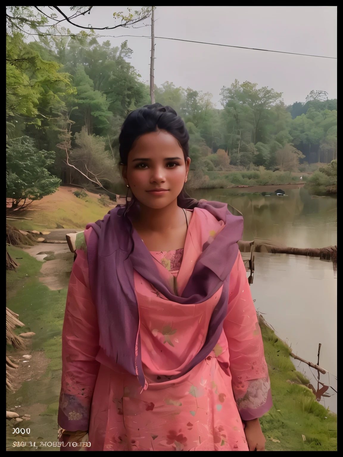 woman in pink dress standing in front of a lake with trees, in lake, photo taken in 2 0 2 0, around 1 9 years old, in front of a forest background, faridah malik, 30 years old woman, 3 0 years old woman, photo of a woman, taken in the early 2020s, portait image