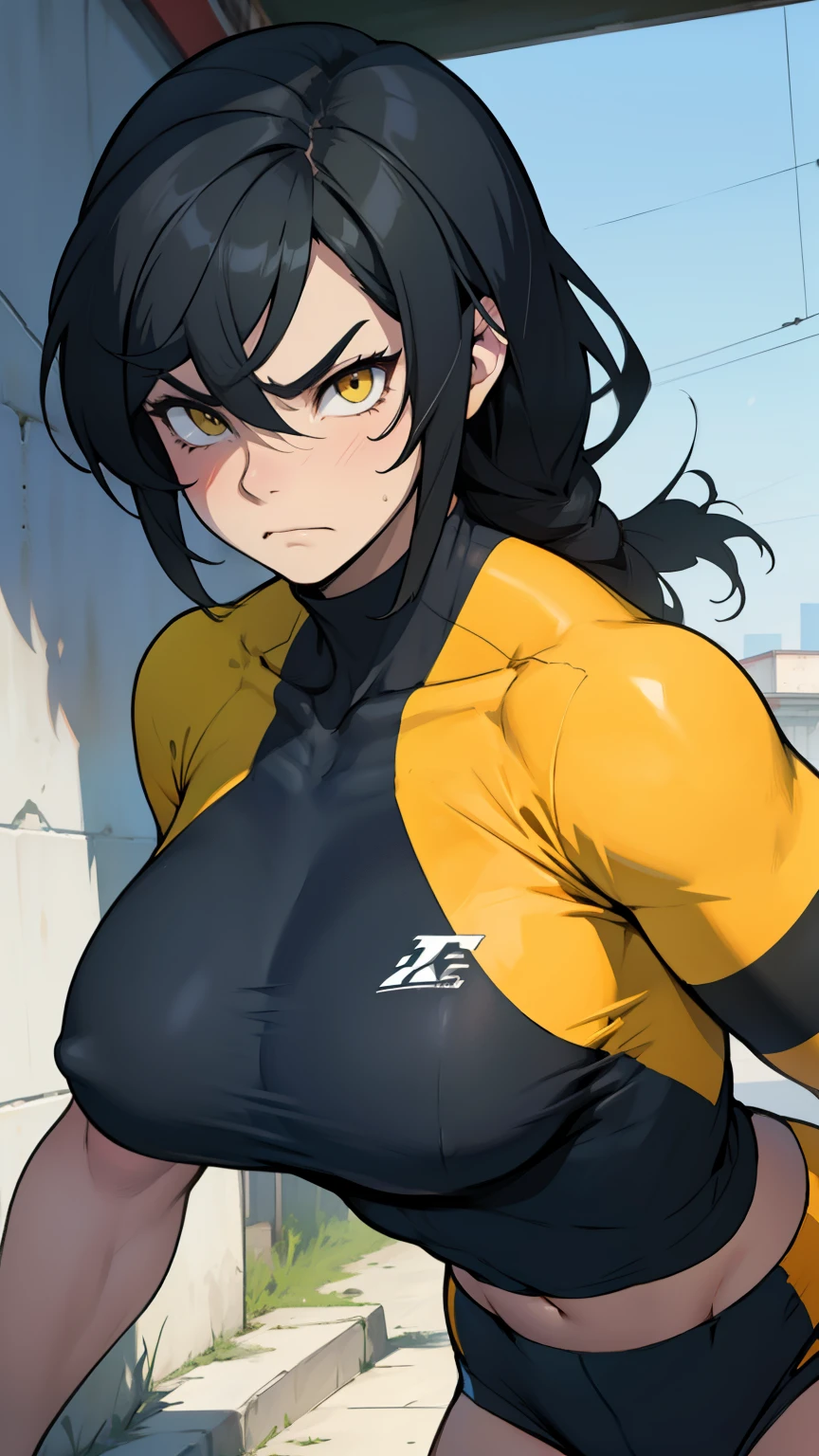 athletic build massive breasts pale skin black hair yellow eyes girl very thick sad frown