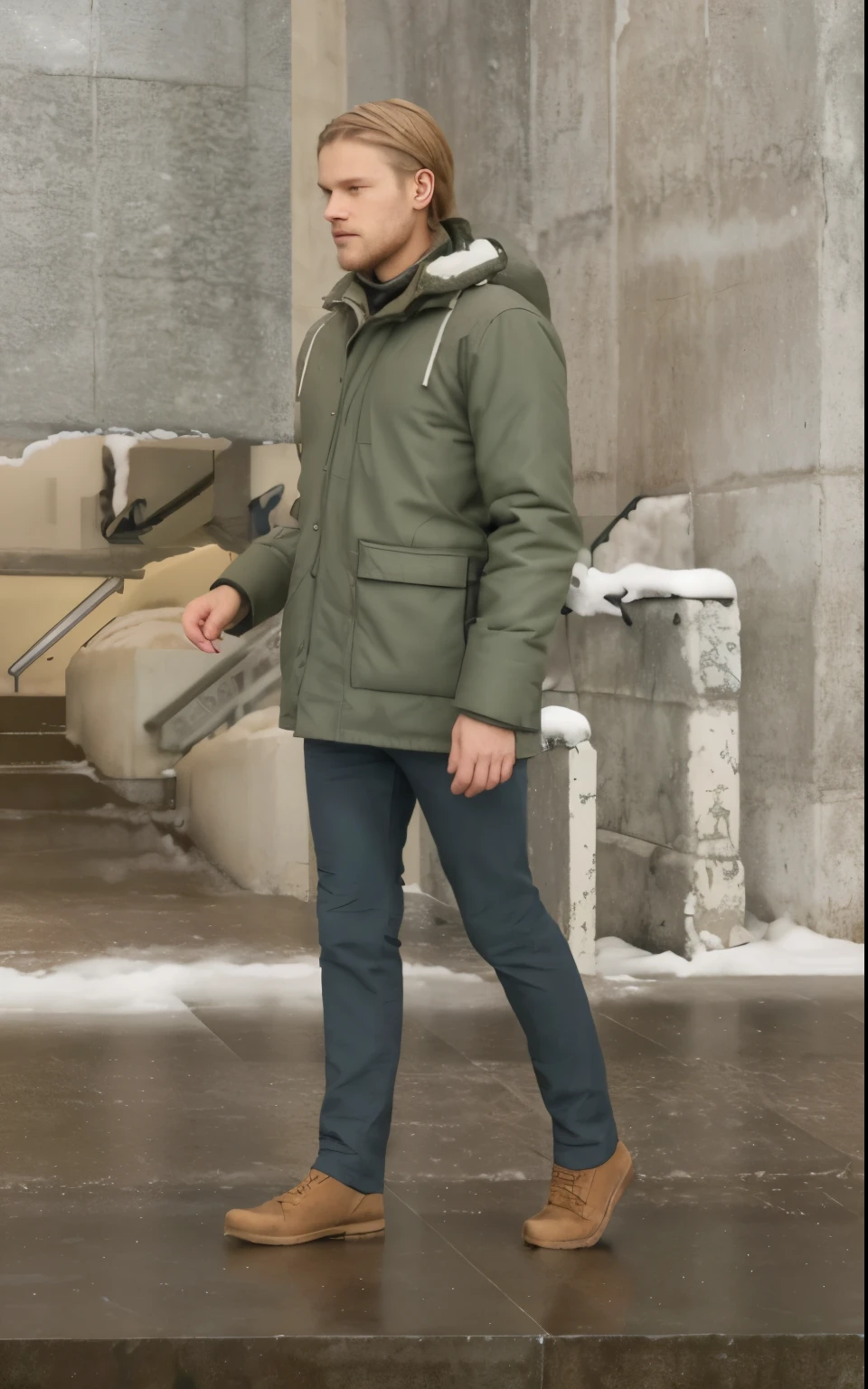 nordic guy with winter clothes,walking on stairs