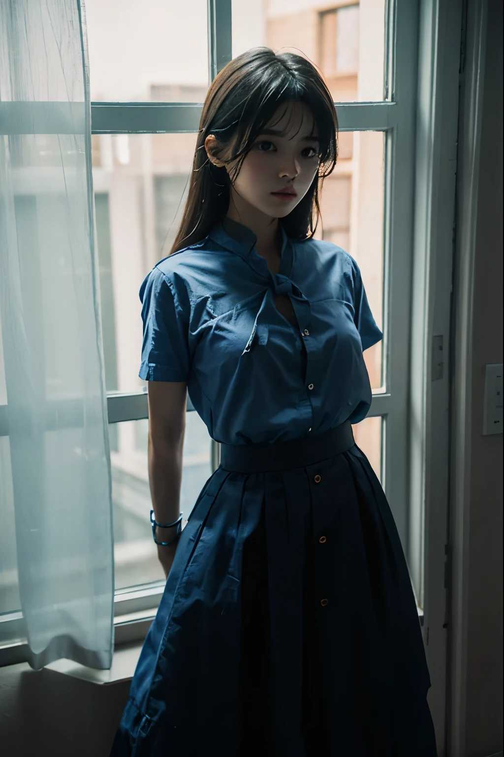 A cute girl is confined and tied up、A room with the lights on at night、Blue semi-long skirt、Red short sleeve shirt、Are standing、Beauty、Age 25、Medium build、Outside the window is night、Like real life、