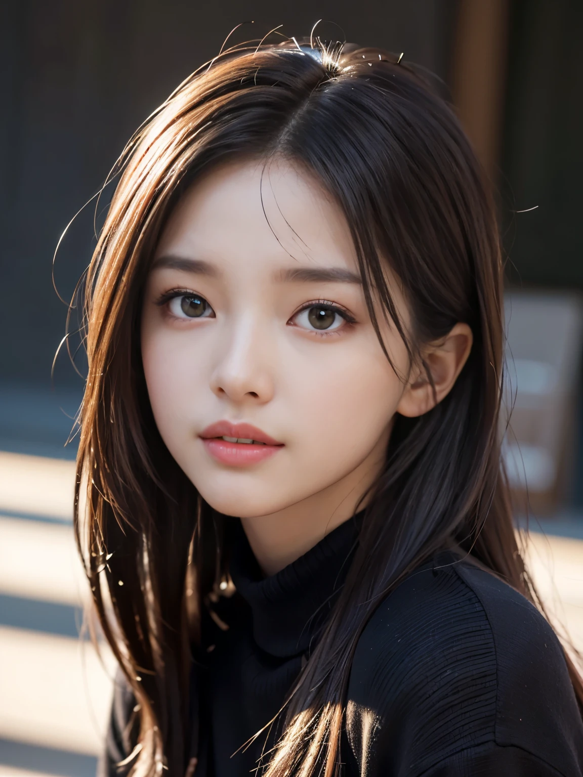 masterpiece, best quality, ultra-detailed, (17 years old), intricately detailed hyperdetailed, realistic, sharp features, highly detailed, sharp focus, perfect face, perfect face, perfect eyes, perfect lips, flexible female form, cinematic light, hyper detailed, hyper realistic, high resolution, vibrant, (Bright Background), (goddess-like happiness), (cheerful), straight Bangs, brown Eyes,black sweater, cowboy shot,
