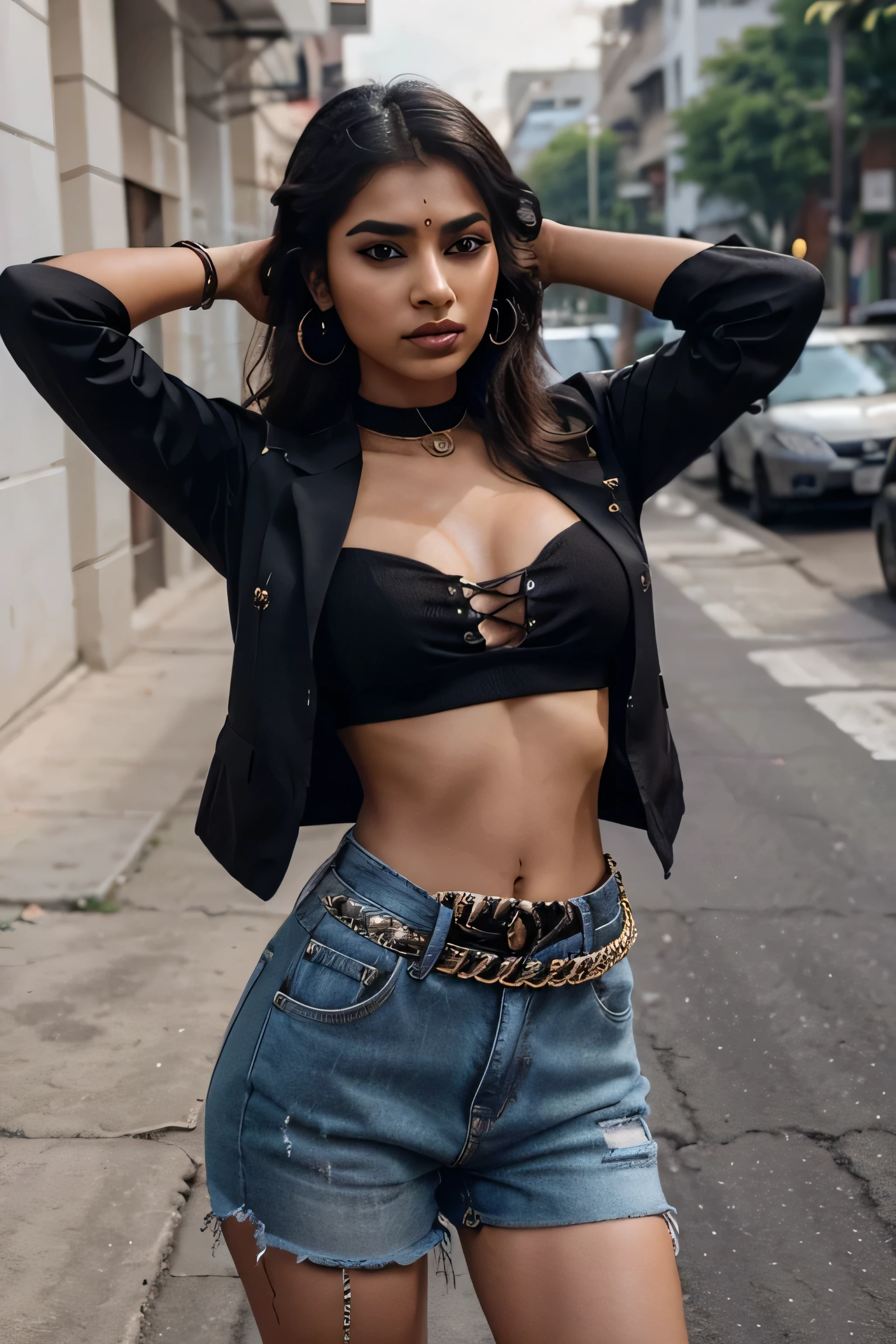 Imagine a young Indian girl, just 21 years old, with a fierce and confident gaze, dressed in a chic and edgy ensemble that screams fashion influencer. With her perfectly styled hair and flawless makeup, she is ready to take on the world of Instagram and inspire others with her bold and creative fashion choices.