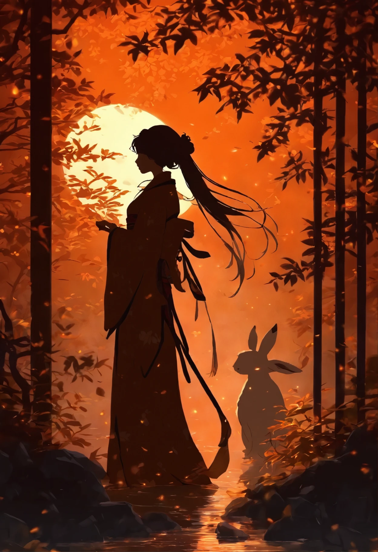 (Silhouette art, incision:1.6) (((arte em papel cortado, A world where only black exists:1.3) (Ancient Chinese Hanfu), 1 girl, Solo, (Ancient Chinese long-haired girl, profile:1.2), White, Clear and beautiful face, The rabbit stands at the girl's feet, Behind the full moon (A osmanthus tree, Fallen leaves fall, ) Textured glass background, atmospheric perspective, vanishing point, wide shot, masterpiece, ccurate, anatomically correct, high details, best quality, award winning, 8k