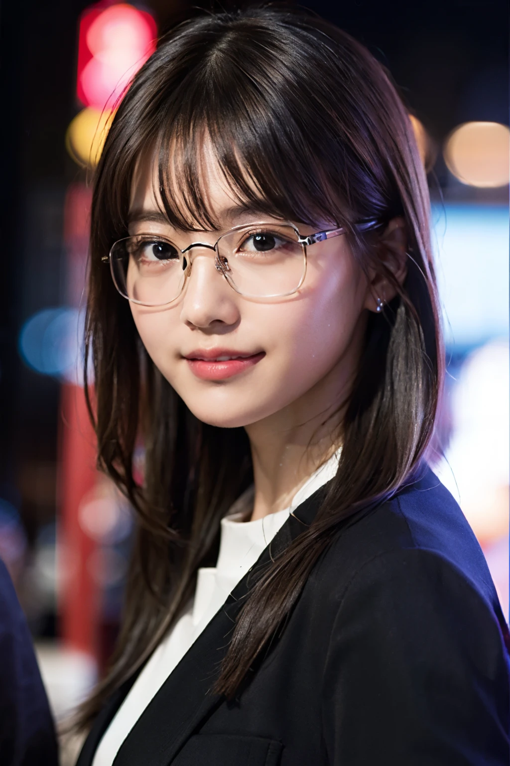 (8k、RAW Photos、highest quality、masterpiece:1.2)、(Realistic、Realistic:1.37)、Very detailed、超A high resolution、1 girl、View your viewers、Beautifully detailed face、Smiling with teeth showing、narrow、(Tight waist) :1.3)、suit、Beautiful and detailed skin、Skin Texture、Floating Hair、Tying up hair、Professional Lighting、indoor、(((Black square glasses )))、Human whole body、Black Hair、((Embarrassing appearance))、