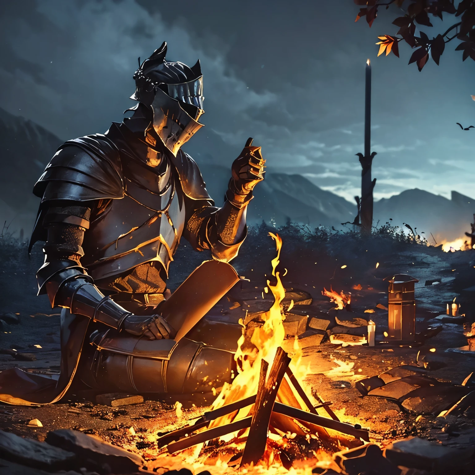 ((dark souls armor)), (((sit by the fire))) (knight on left side bonfire) the forest, night, beautiful crescent