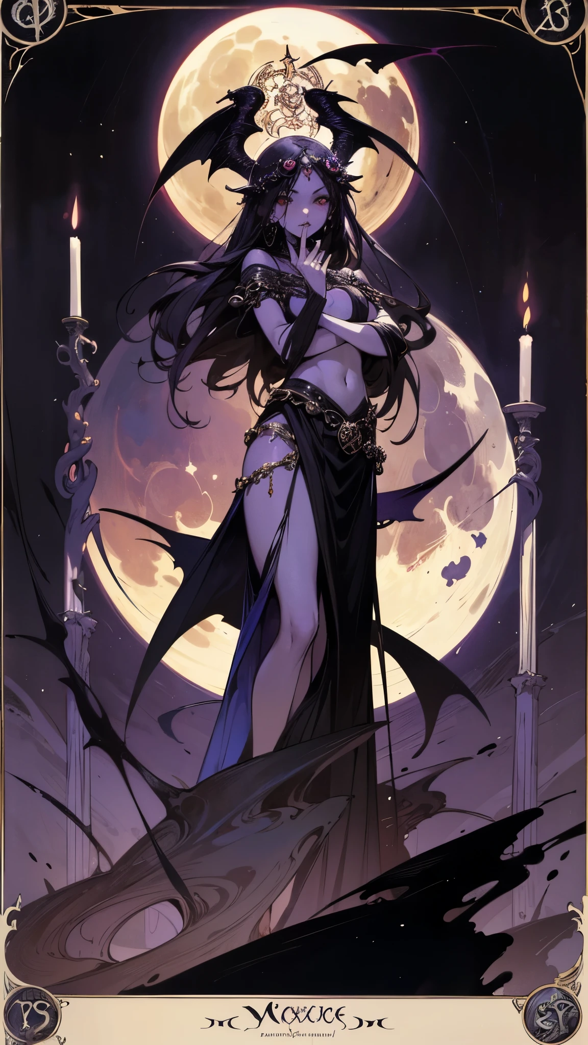 a woman standing in front of a full moon, dark goddess with six arms, tarot card goddess of death, hecate goddess, style of luis royo, beautiful witch spooky female, goddess of death, hexen, diablo 4 lilith, in style of luis royo, priestess of the damned, hecate, goddess of war, goddess of the underworld