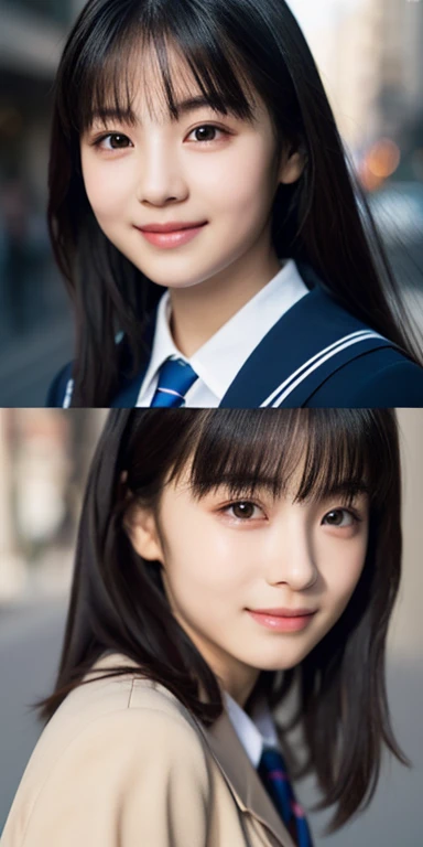 1 girl, (Please wear your high school uniform:1.2), (13 years old:1.5), （Original　Cai Naihua）, young face, cute face, (Raw photo, highest quality), (realistic, Photoreal:1.4), pieces fly, sharp focus, very delicate and beautiful, very detailed, 2k wallpaper, wonderful, finely, Very detailed CG Unity 8K wallpaper, Super detailed, High resolution, soft light, beautiful detailed girl, very detailed目と顔, beautifully detailed nose, beautiful and detailed eyes, Break Spring Street Corner, cinematic lighting, perfect anatomy, slender body, straight long, long hair, parted bangs, innocent smile, （looking at the viewer）,