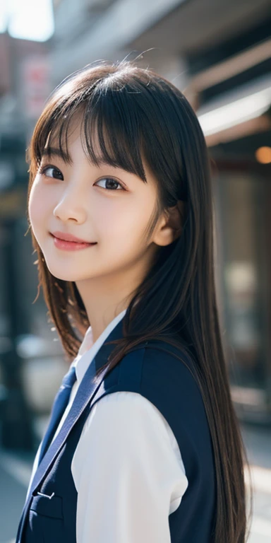 1 girl, (Please wear your high school uniform:1.2), (:1.5), (Original Cai Naihua), young face, cute face, (Raw photo, highest quality), (realistic, Photoreal:1.4), pieces fly, sharp focus, very delicate and beautiful, very detailed, 2k wallpaper, wonderful, finely, Very detailed CG Unity 8K wallpaper, Super detailed, High resolution, soft light, beautiful detailed girl, very detailed目と顔, beautifully detailed nose, beautiful and detailed eyes, Break Spring Street Corner, cinematic lighting, perfect anatomy, slender body, straight long, long hair, parted bangs, innocent smile, (looking at the viewer),