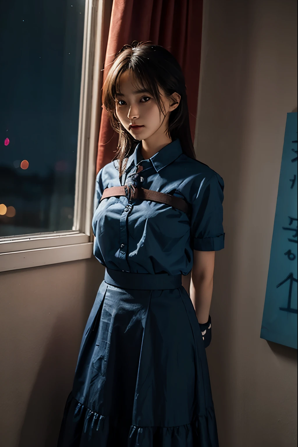 A cute girl is confined and tied up、A room with the lights on at night、Blue semi-long skirt、Red short sleeve shirt、Are standing、Beauty、Age 25、Medium build、Outside the window is night、Like real life、