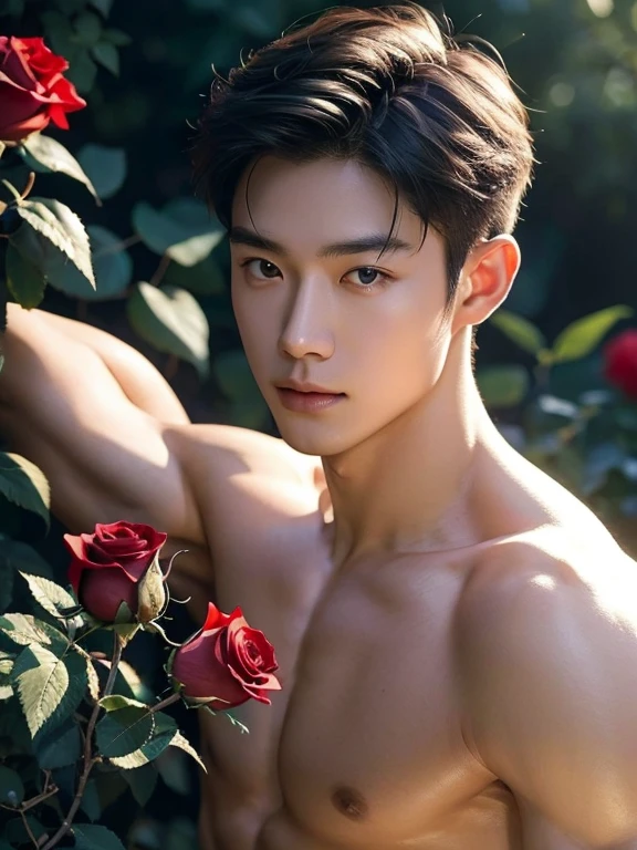 a naked man,Rose garden at daytime、Red Rose、Lots of roses in the background、Glowing Skin、Completely naked、Sexy pose、Hairstyle with the forehead out、Short Hair、 shirtless , realistic handsome Korean face , modest muscles , masterpiece、A high resolution、hyperrealism、detailed face、solo、a men、glowing skin、(Asian)、(young、ager)、Handsome、detailed background