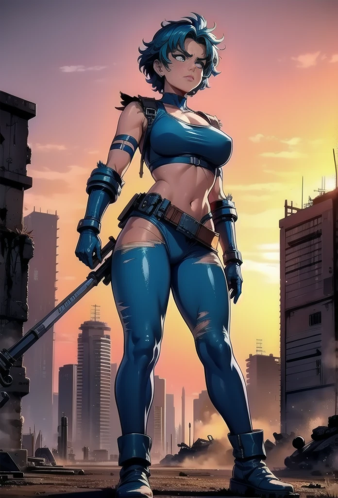 (((Marine Blue Suit))), (((white hair bob haircut))), (((devilish smile))), (((melhor qualidade: 1.4))), (((full metal))), (((DuneWalker))), (((post-apocalypse))), (Unbeatable masterpiece), (hiper HD),(CG 8k hiper-realista), 1Garota armada em um mundo futurista usando roupas coloridas e modernas. Corte de cabelo ultra moderno, perfect body with robotic parts, seios grandes, bunda perfeita, muscles without exaggeration, rosto lindo com olhos azuis penetrantes, add textures to clothes and create something different from the usual, add accessories like garter belt, espartilho e luvas com listras, pele bronzeada e com brilho de molhado, industrial environment with giant heavy machines, Intricate machinery and giant robot parts