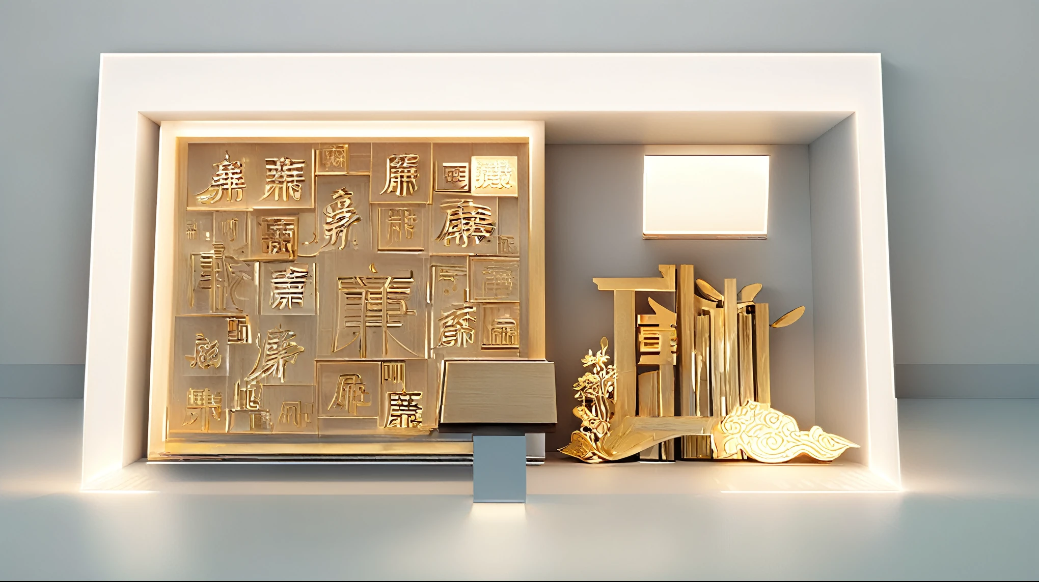 3D effect, 3D rendering, design, Chinese culture and creativity showroom booth wall with three-dimensional text engraved in bright white, scheme with grey back wall and simple lighting, space, white background, C4D modelling, octave rendering, best quality studio photography, natural light and shadow, still-life photography, highest quality, 4K, high resolution, masterpiece: 1.2), super fine, (Practical, Photo Practical, Photo Practical: 1.37)