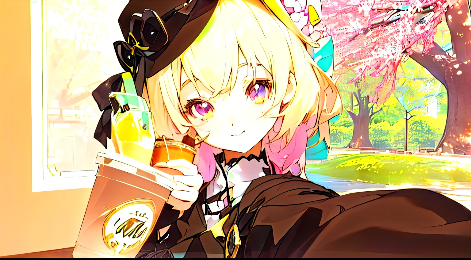 Anime girl with hat and coffee cup, hanayamata, change, render of a cute 3d anime girl, Alchemist Girl, Soda themed girl, changesh, Close-up Character, Close-up of a young anime girl, , anime visual of a cute girl, Vivid RPG Portraits, cute:2, April Rendering